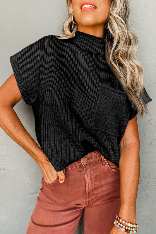 Black Patch Pocket Ribbed Knit Short Sleeve Turtleneck Sweater