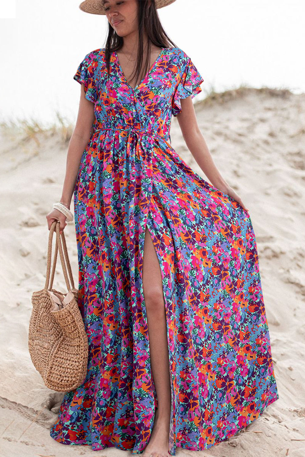 Blue and Pink Floral Print V Neck Wrap Split Maxi Dress