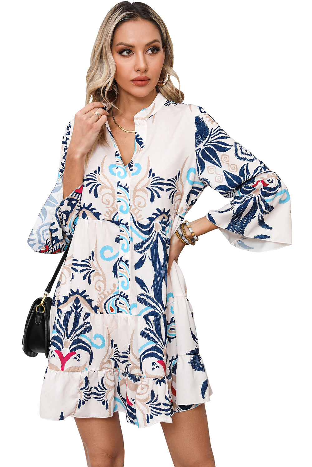 White Printed Tribal Print Buttoned Mini Dress