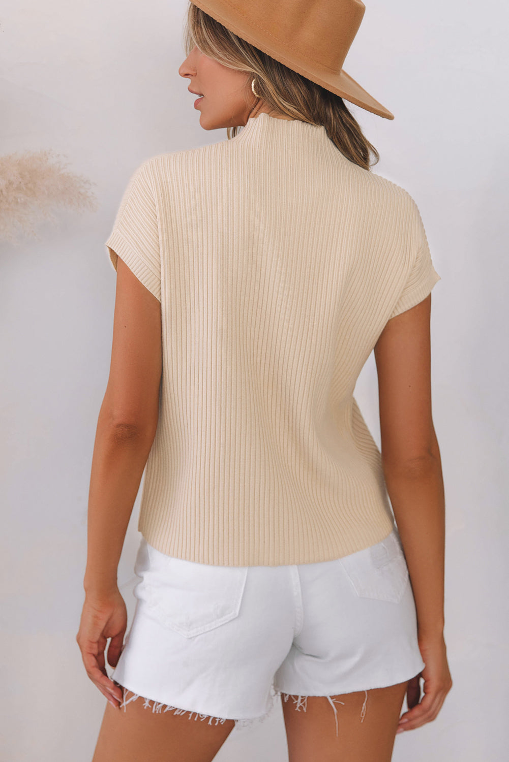 Oatmeal Patch Pocket Ribbed Knit Short Sleeve Turtleneck Sweater