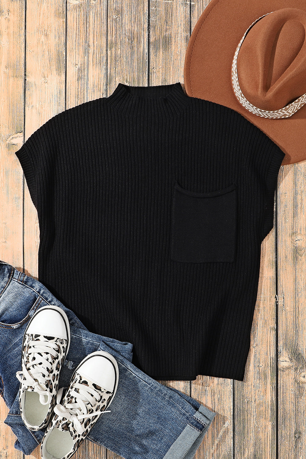 Black Patch Pocket Ribbed Knit Short Sleeve Turtleneck Sweater