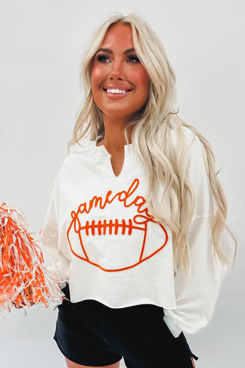 White Game Day  Football Notched Neck Sweatshirt