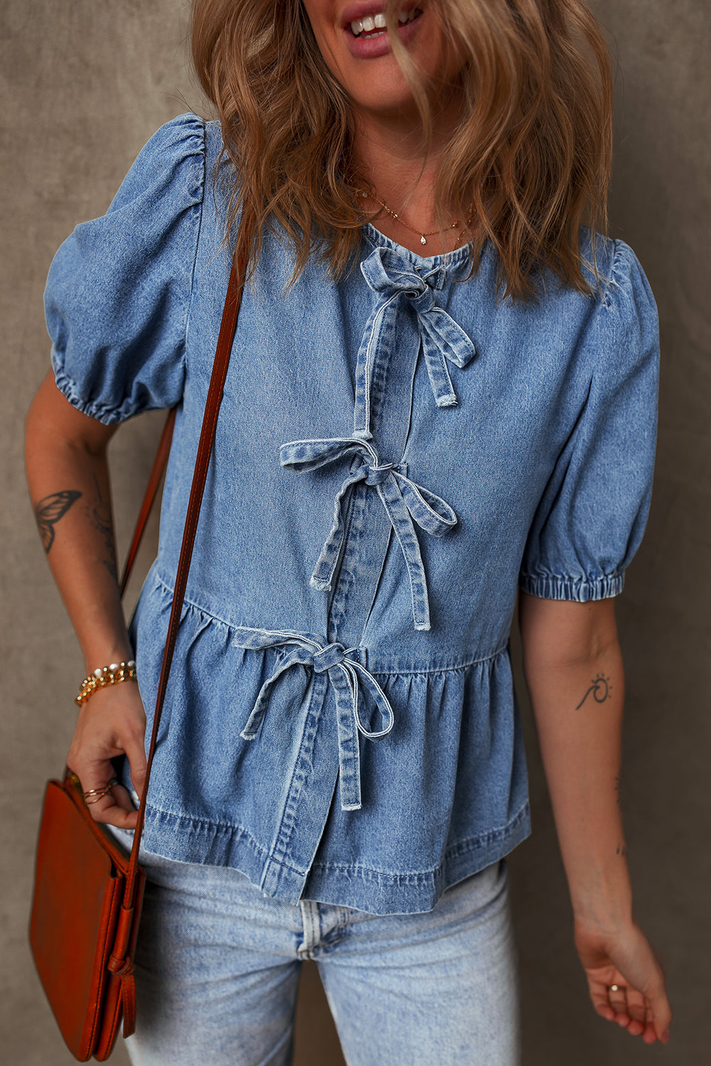 Dusk Blue Tied Front Bubble Sleeve Denim Shirt