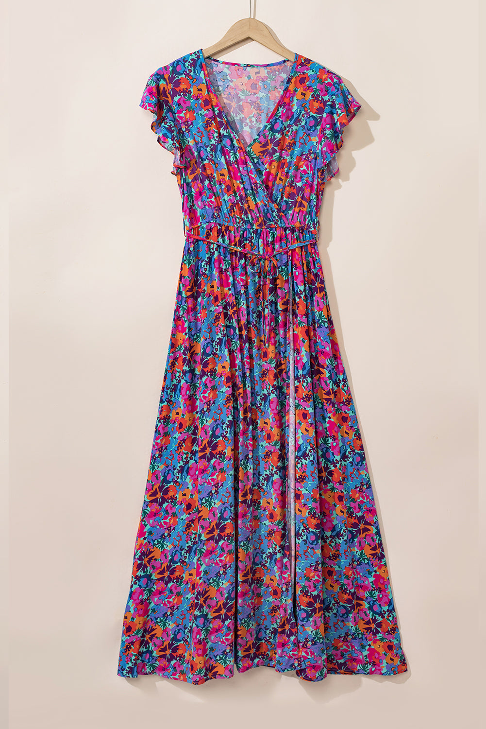 Blue and Pink Floral Print V Neck Wrap Split Maxi Dress