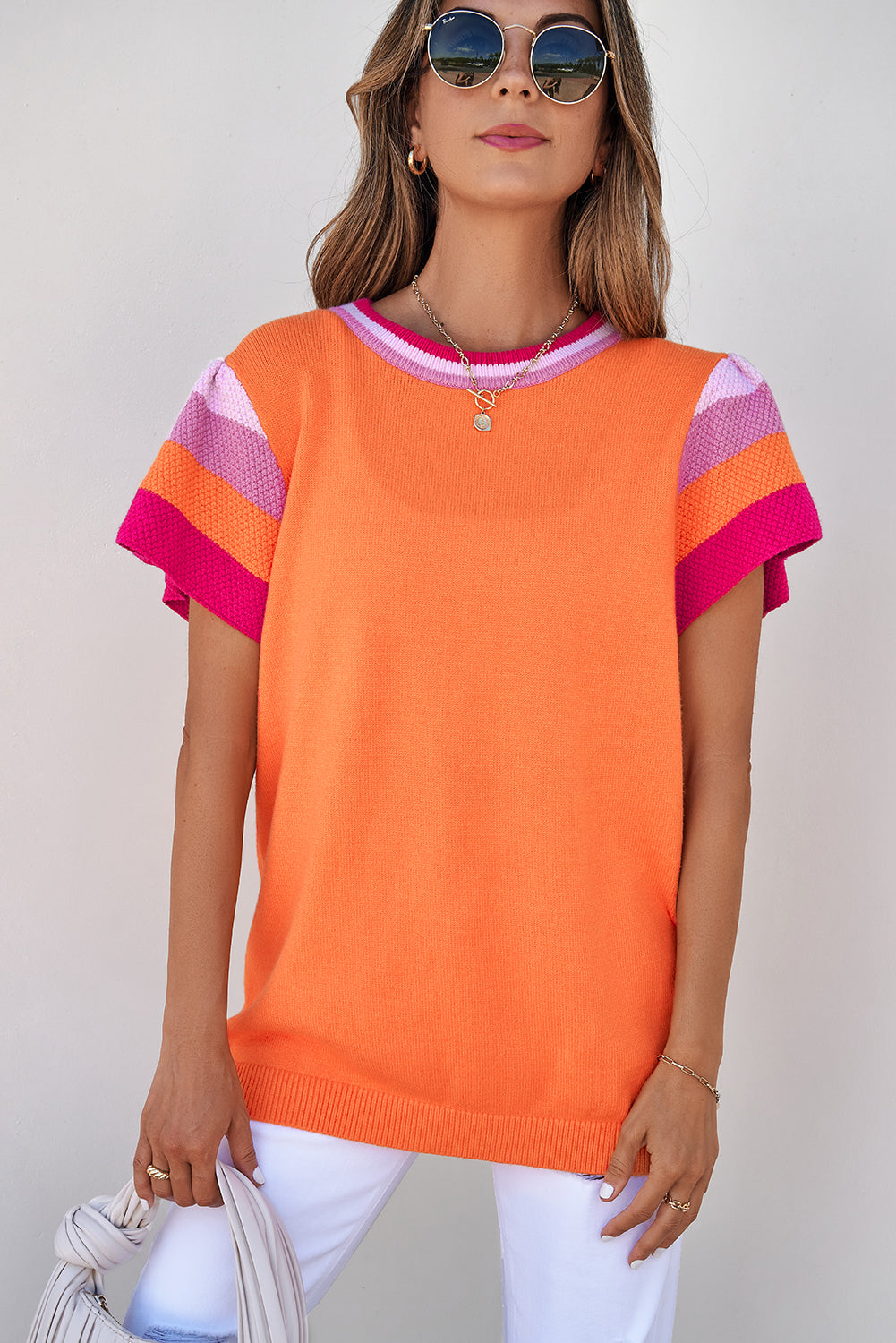 Orange and Pink Contrast Flutter Sleeves Knitted Sweater T Shirt