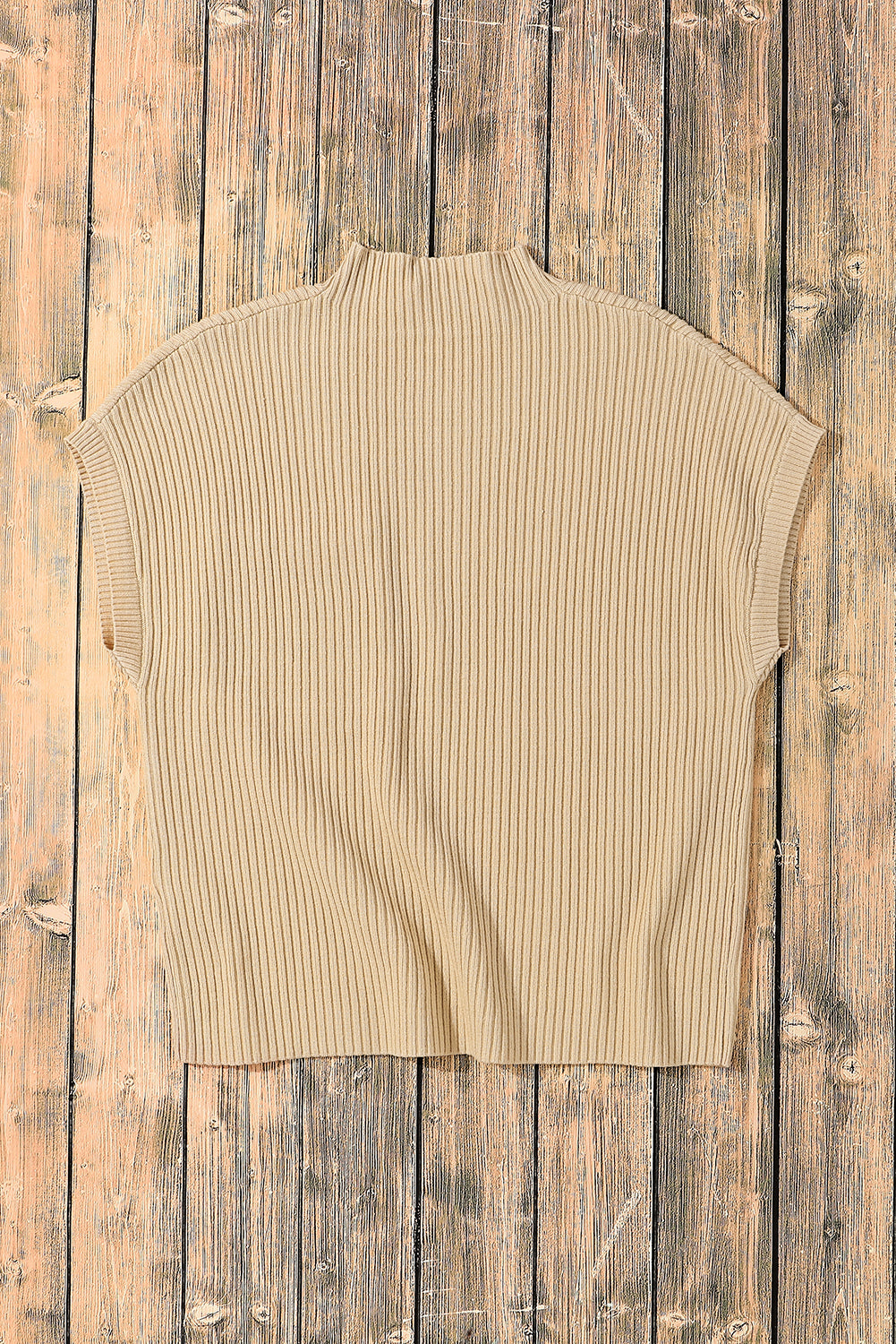 Oatmeal Patch Pocket Ribbed Knit Short Sleeve Turtleneck Sweater