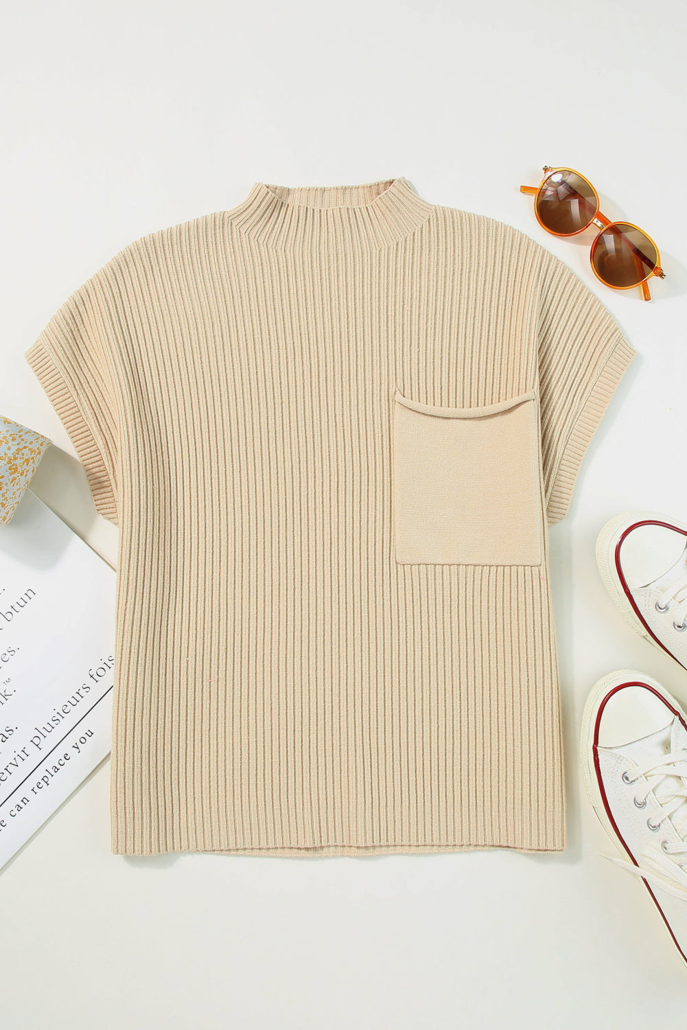 Oatmeal Patch Pocket Ribbed Knit Short Sleeve Turtleneck Sweater