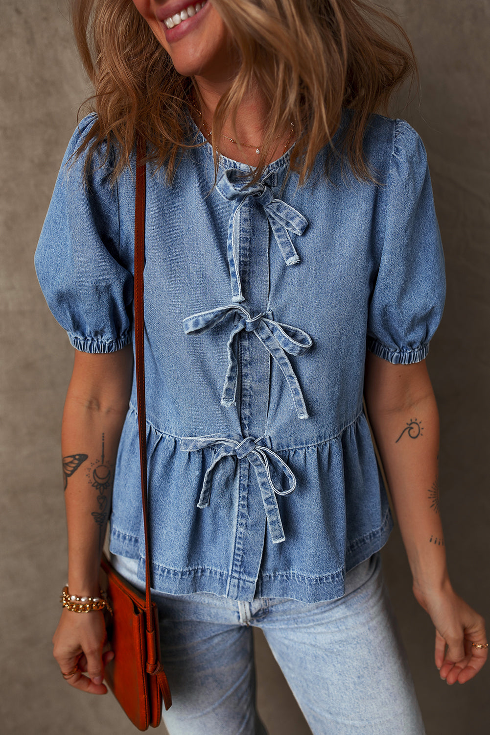 Dusk Blue Tied Front Bubble Sleeve Denim Shirt