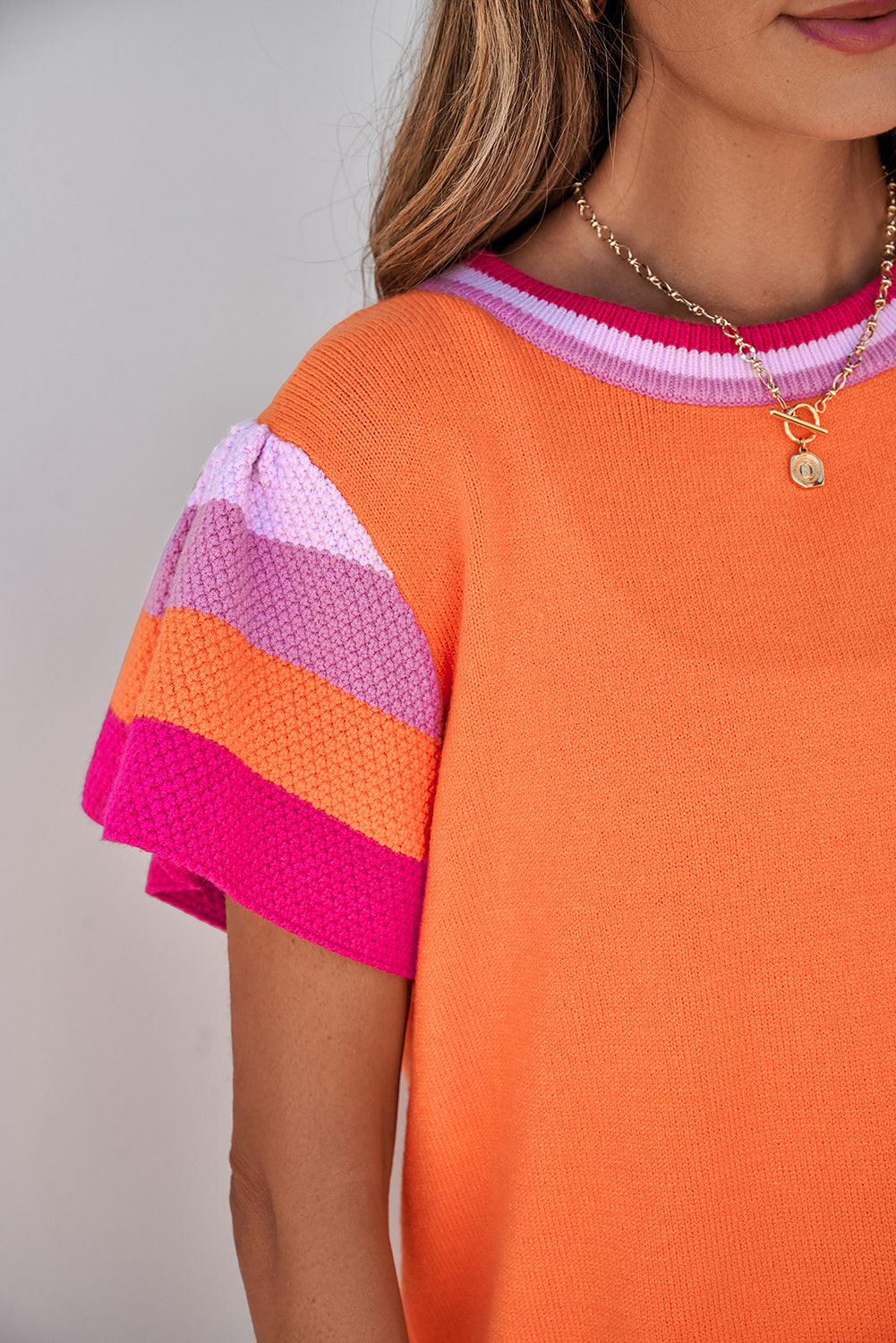 Orange and Pink Contrast Flutter Sleeves Knitted Sweater T Shirt