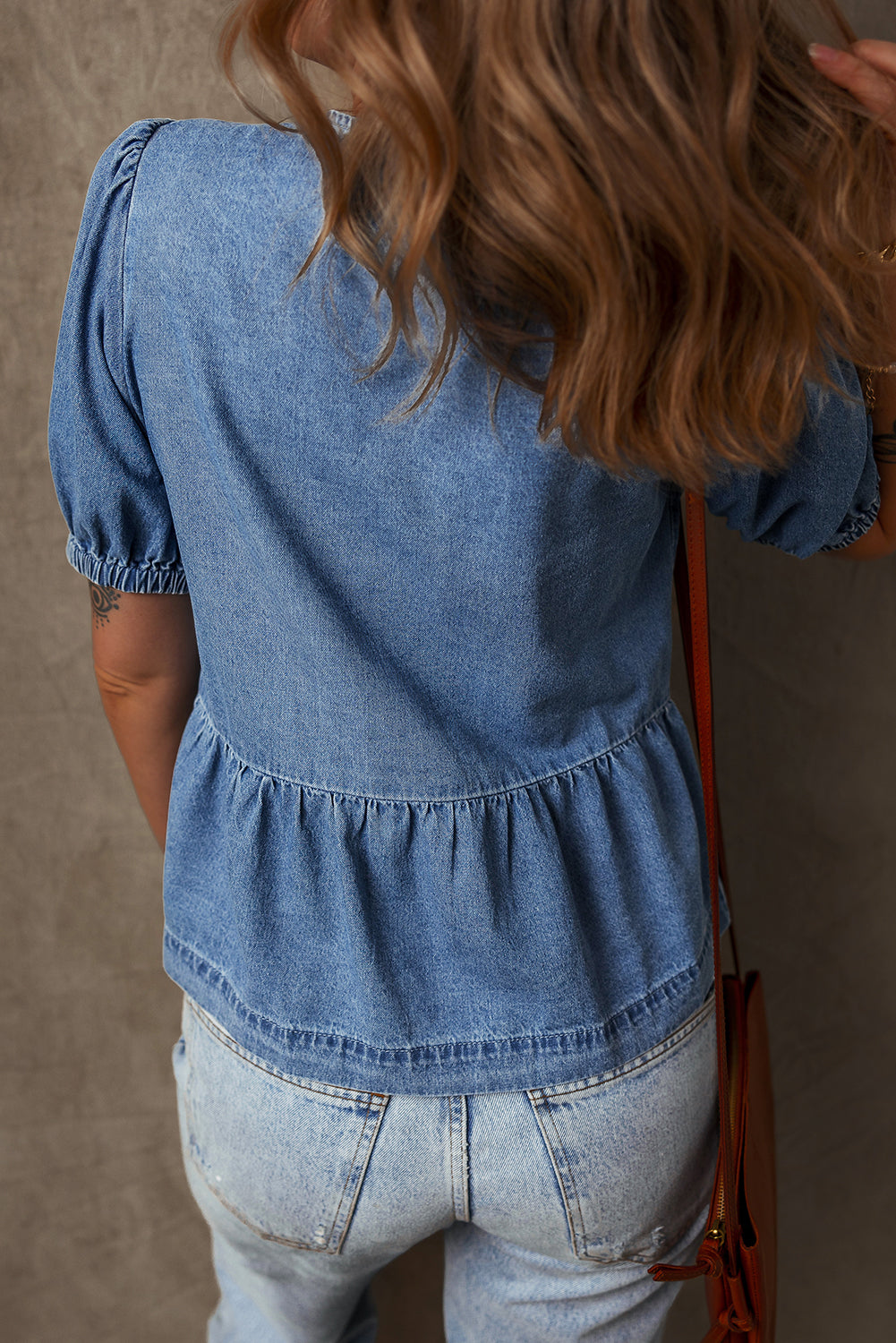 Dusk Blue Tied Front Bubble Sleeve Denim Shirt