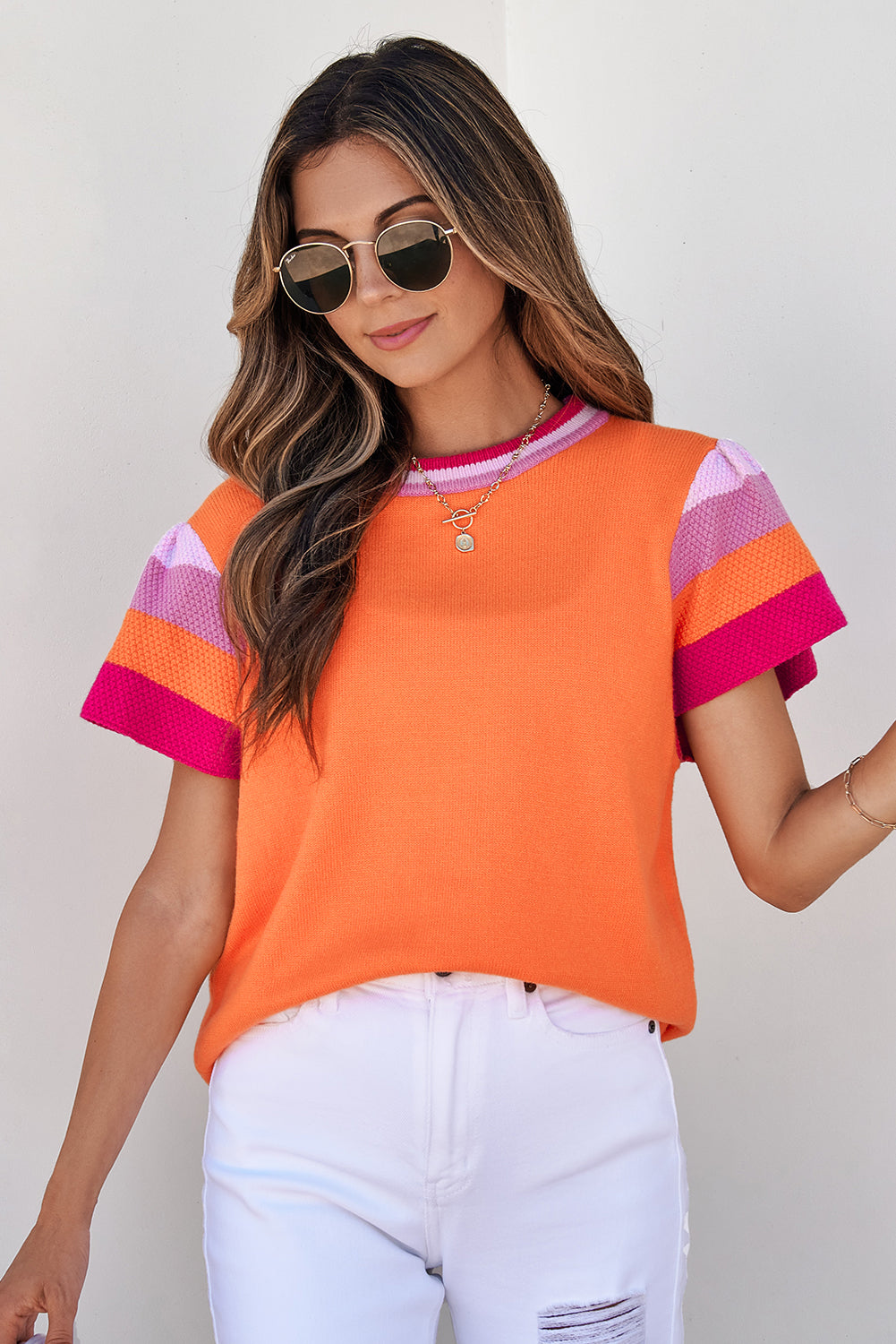 Orange and Pink Contrast Flutter Sleeves Knitted Sweater T Shirt