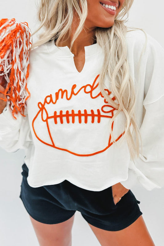 White Game Day  Football Notched Neck Sweatshirt