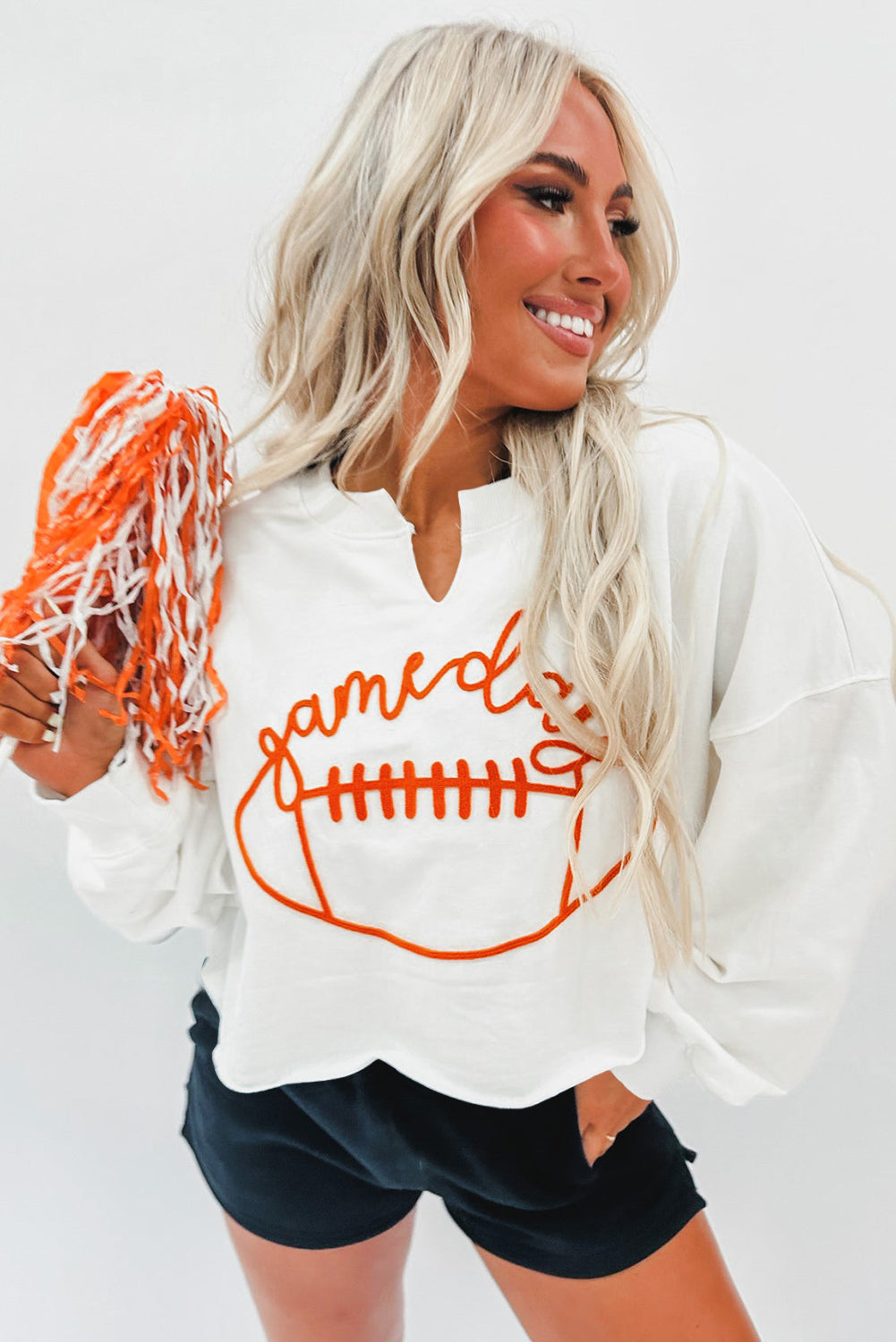 White Game Day  Football Notched Neck Sweatshirt