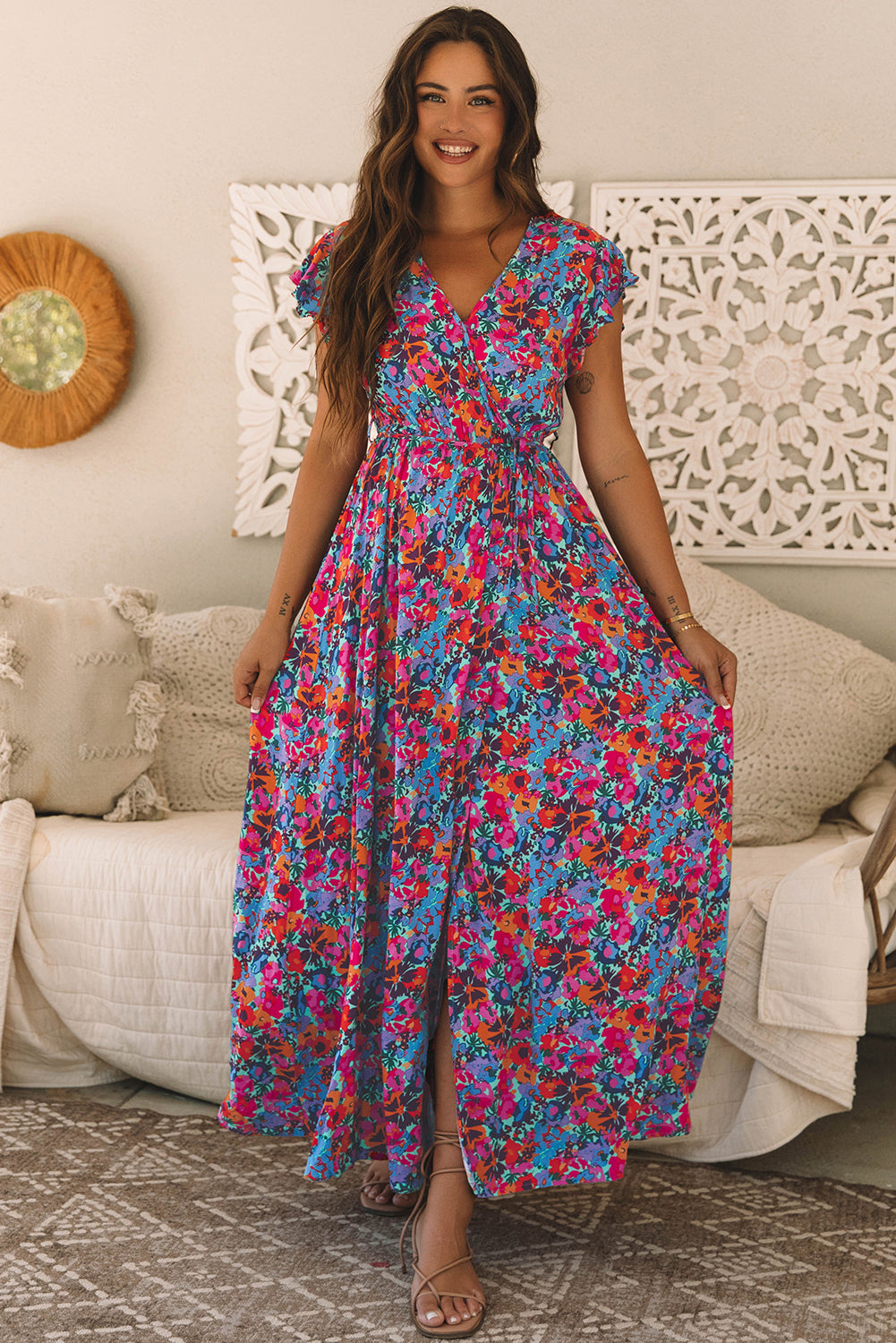 Blue and Pink Floral Print V Neck Wrap Split Maxi Dress