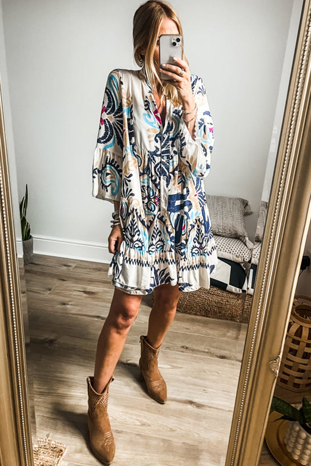 White Printed Tribal Print Buttoned Mini Dress