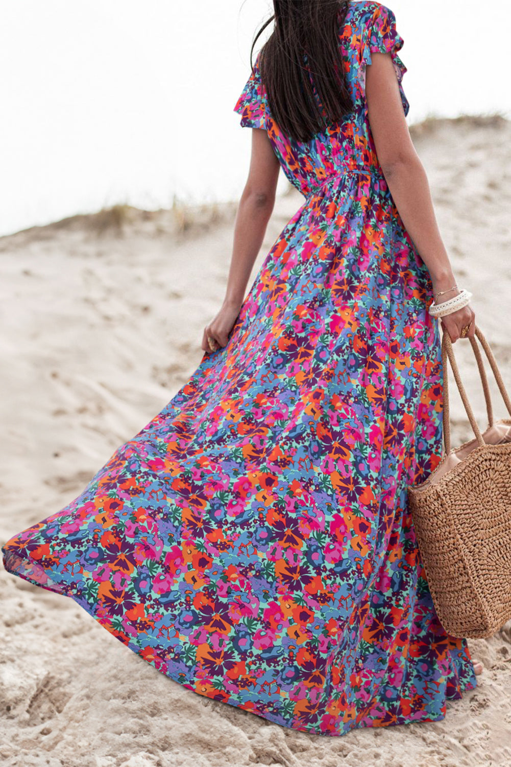 Blue and Pink Floral Print V Neck Wrap Split Maxi Dress