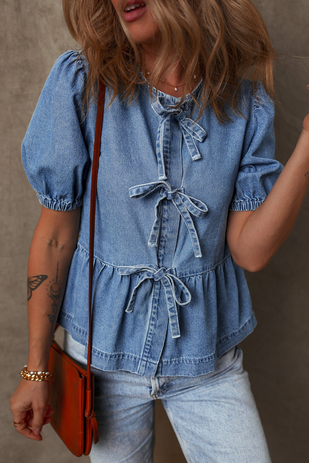 Dusk Blue Tied Front Bubble Sleeve Denim Shirt