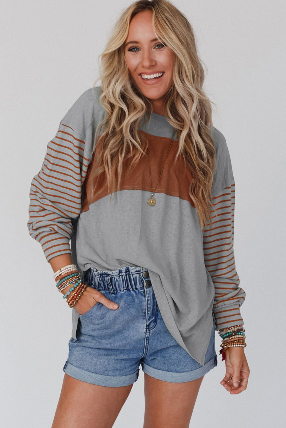 Gray & Rust Colorblock Striped Bishop Sleeve Top