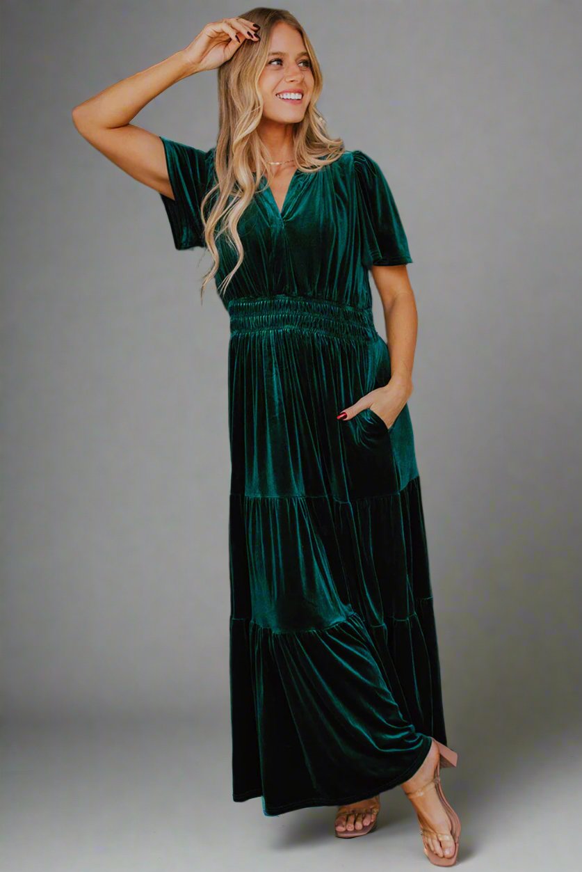 Evergreen Velvet Short Sleeve Shirred Waist Tiered Maxi Dress