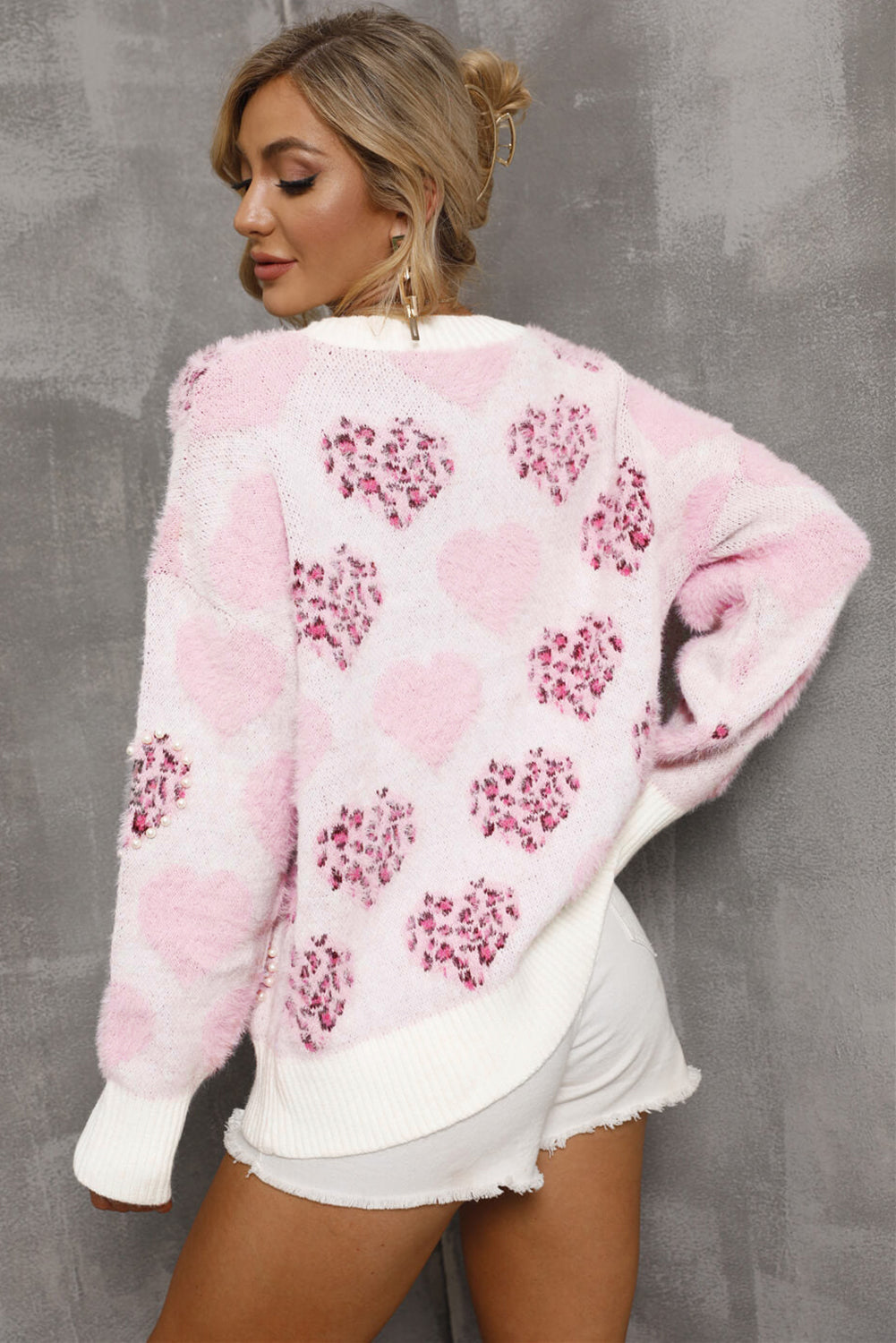 Pink Heart Leopard Print Sweater