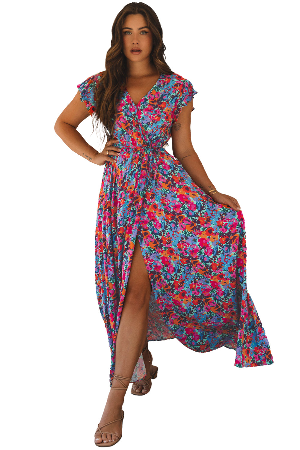 Blue and Pink Floral Print V Neck Wrap Split Maxi Dress