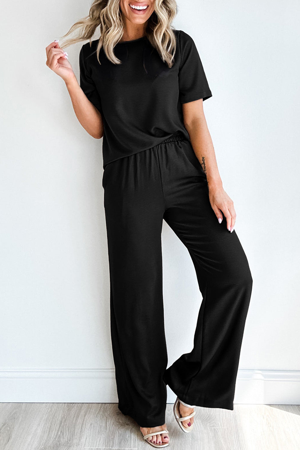 Black Solid Color T Shirt 2pcs Wide Leg Pants Set