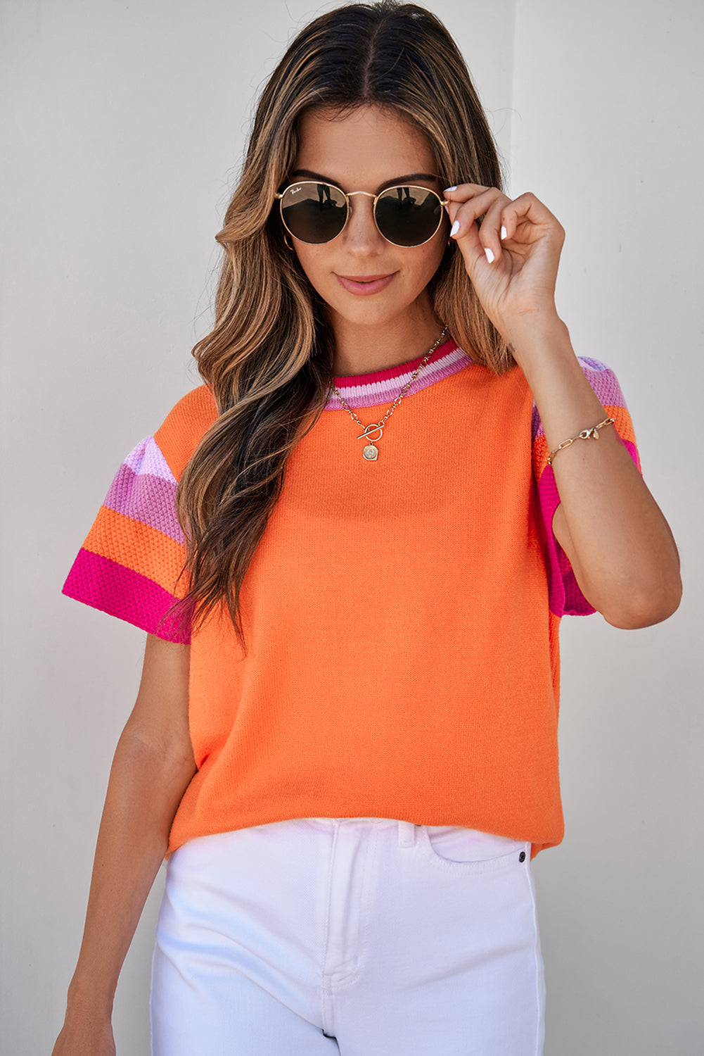 Orange and Pink Contrast Flutter Sleeves Knitted Sweater T Shirt