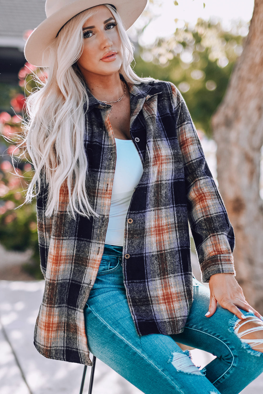 Black & Rust Oversize Rounded Hem Plaid Shacket