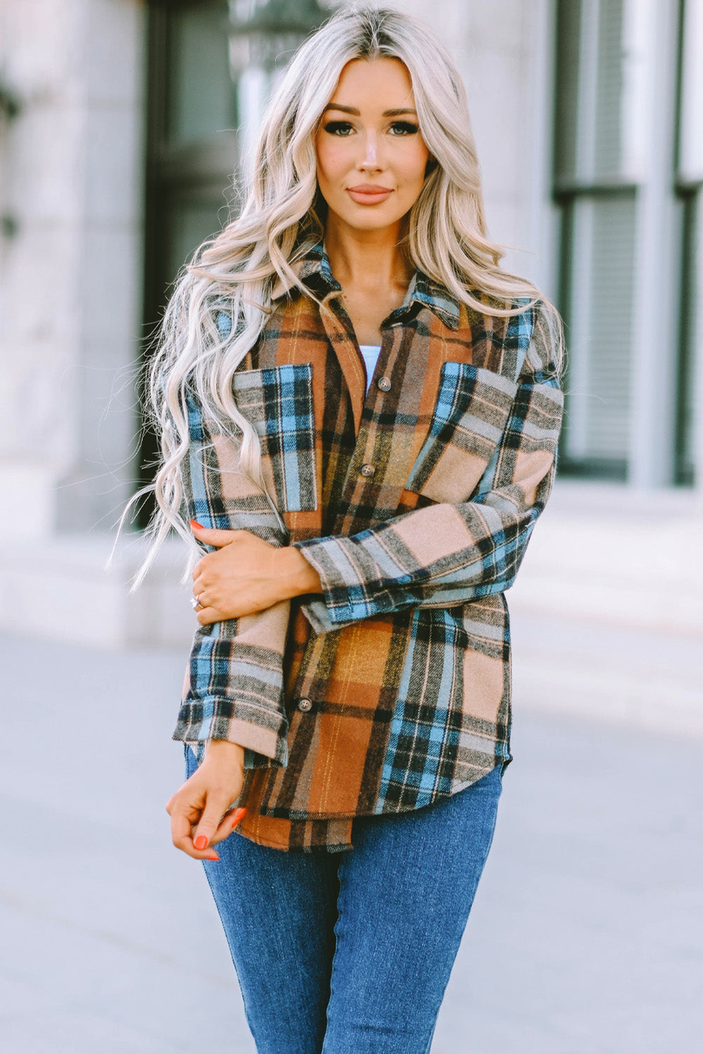 Brown & Teal Plaid Buttoned Shacket with Pockets