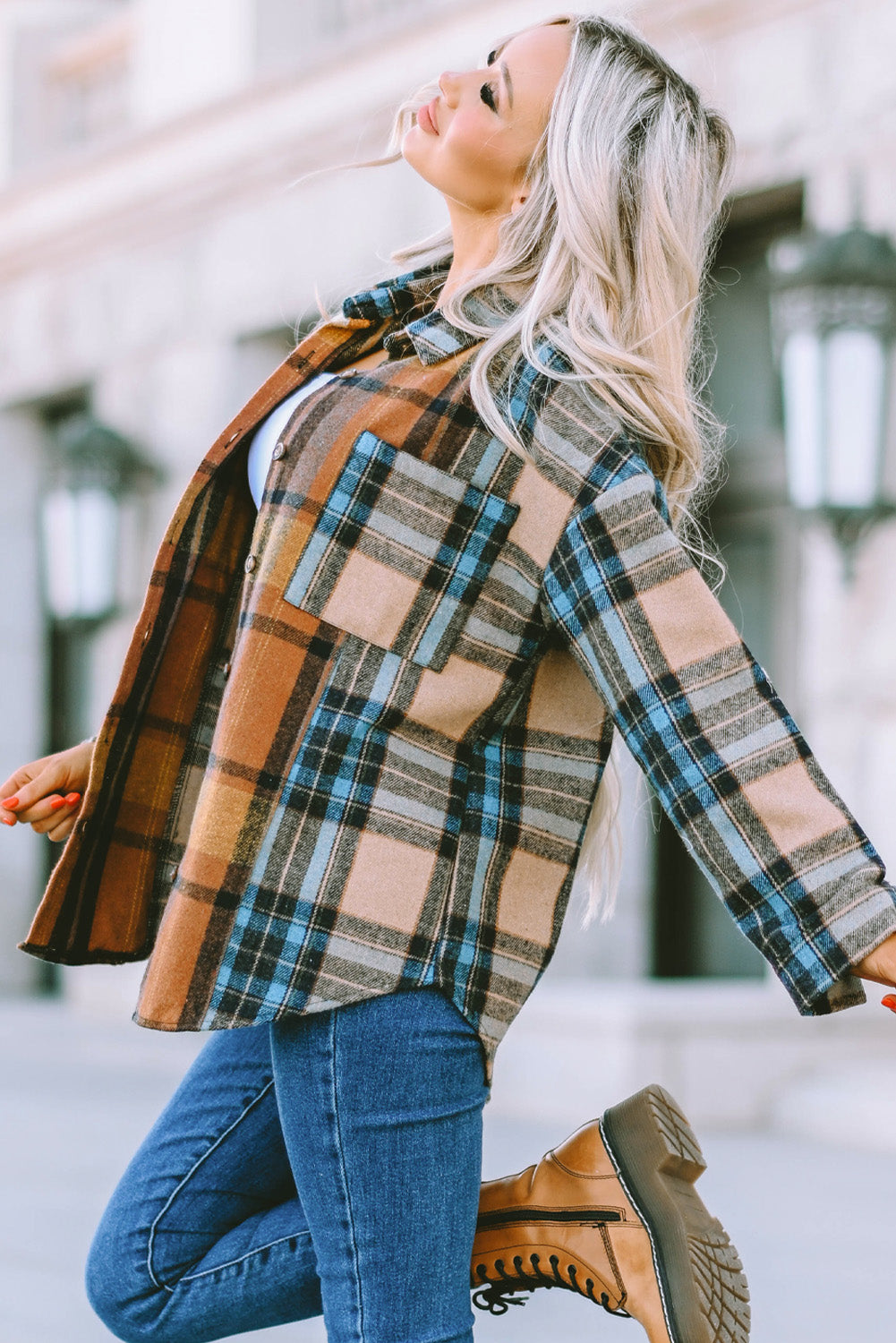 Brown & Teal Plaid Buttoned Shacket with Pockets