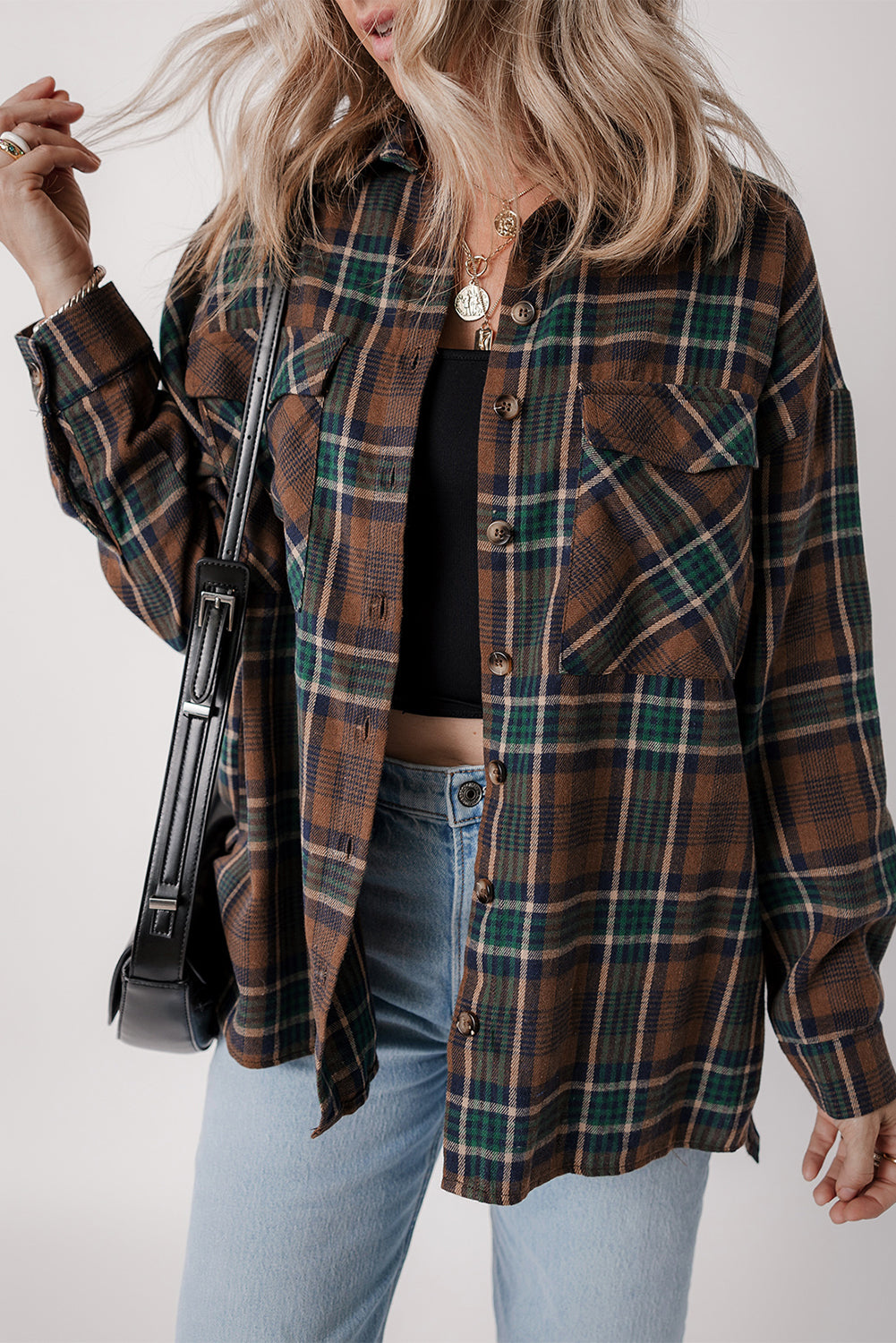 Brown Plaid Print Chest Pockets Buttoned Shacket