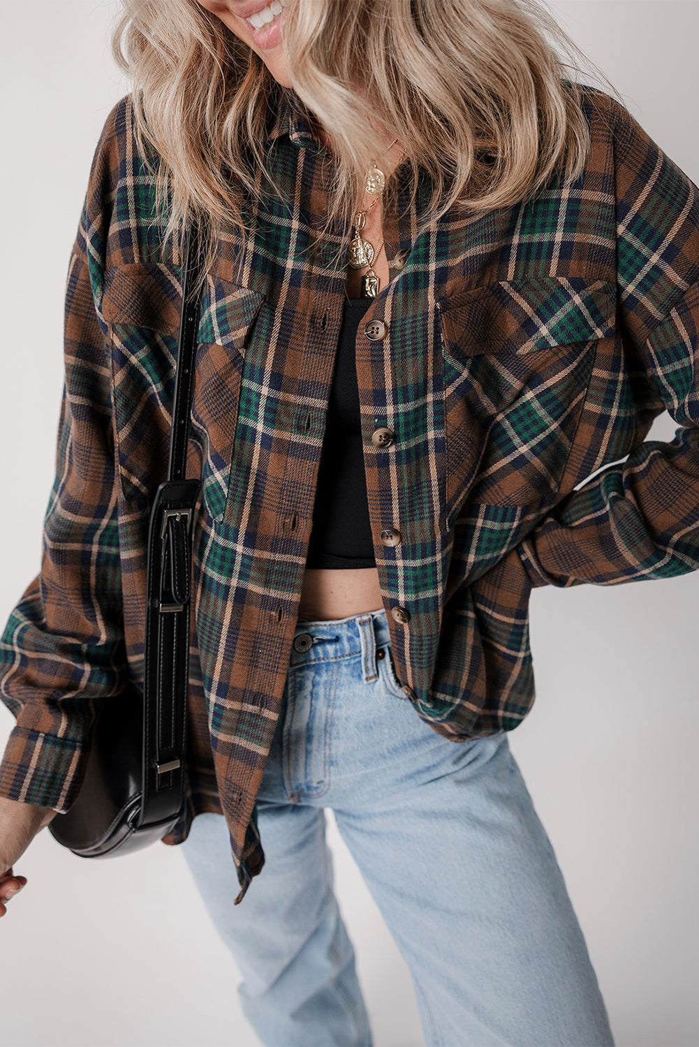 Brown Plaid Print Chest Pockets Buttoned Shacket