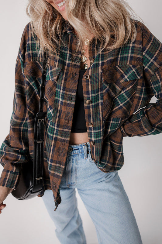 Brown Plaid Print Chest Pockets Buttoned Shacket