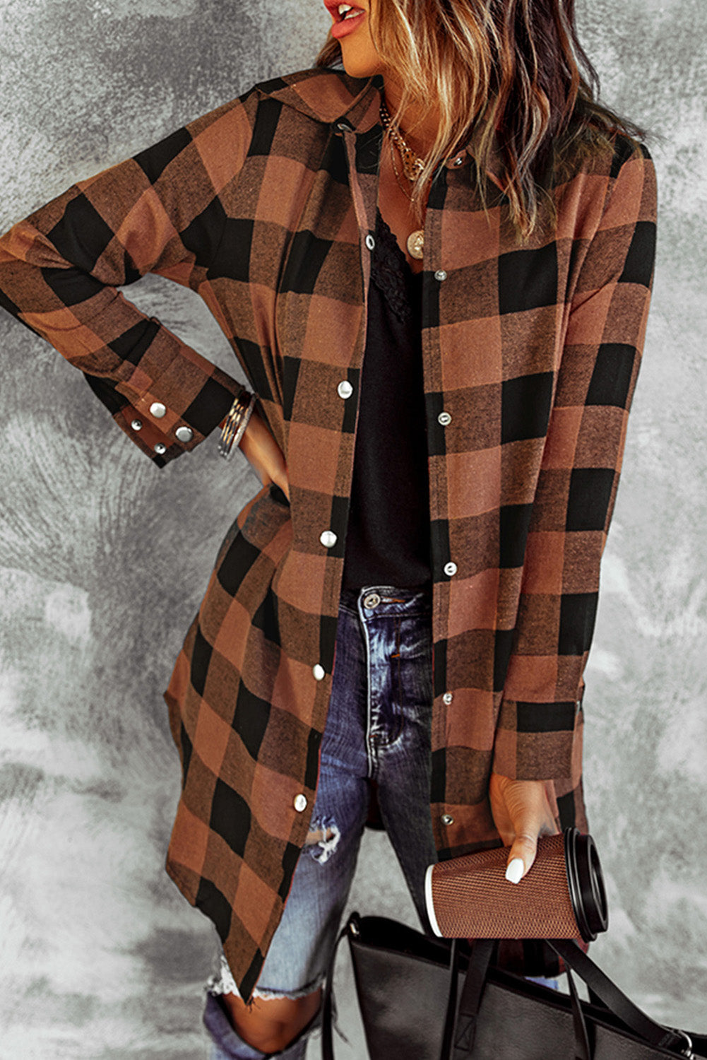 Rust & Black Turn-Down Collar Plaid Shacket