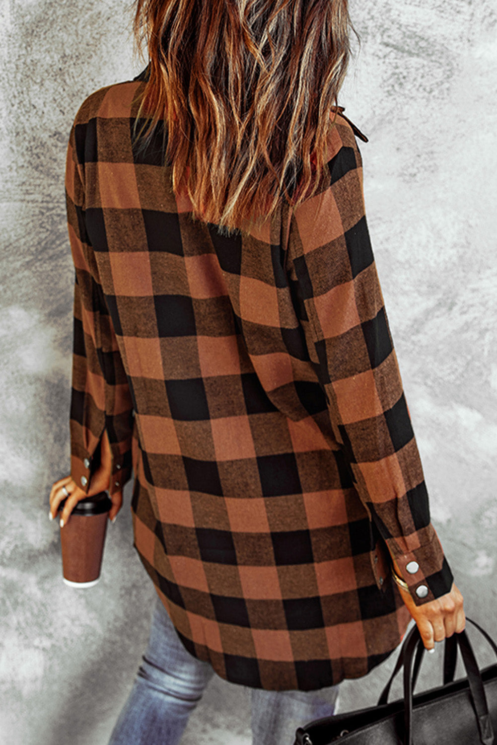 Rust & Black Turn-Down Collar Plaid Shacket