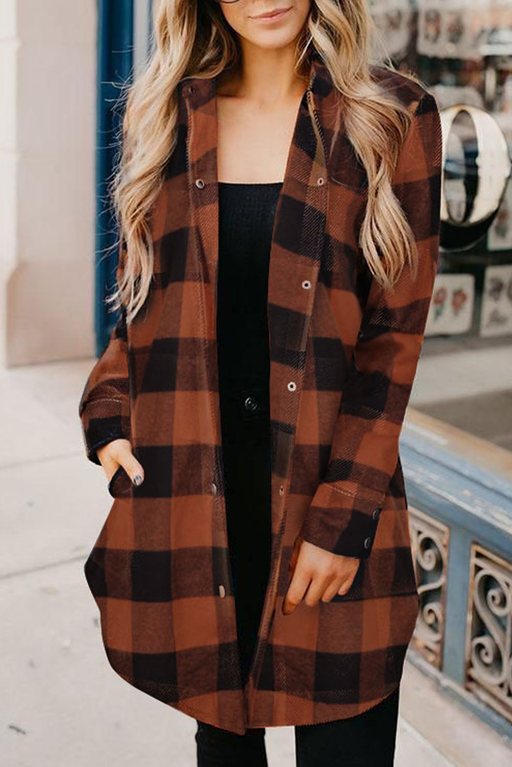 Rust & Black Turn-Down Collar Plaid Shacket