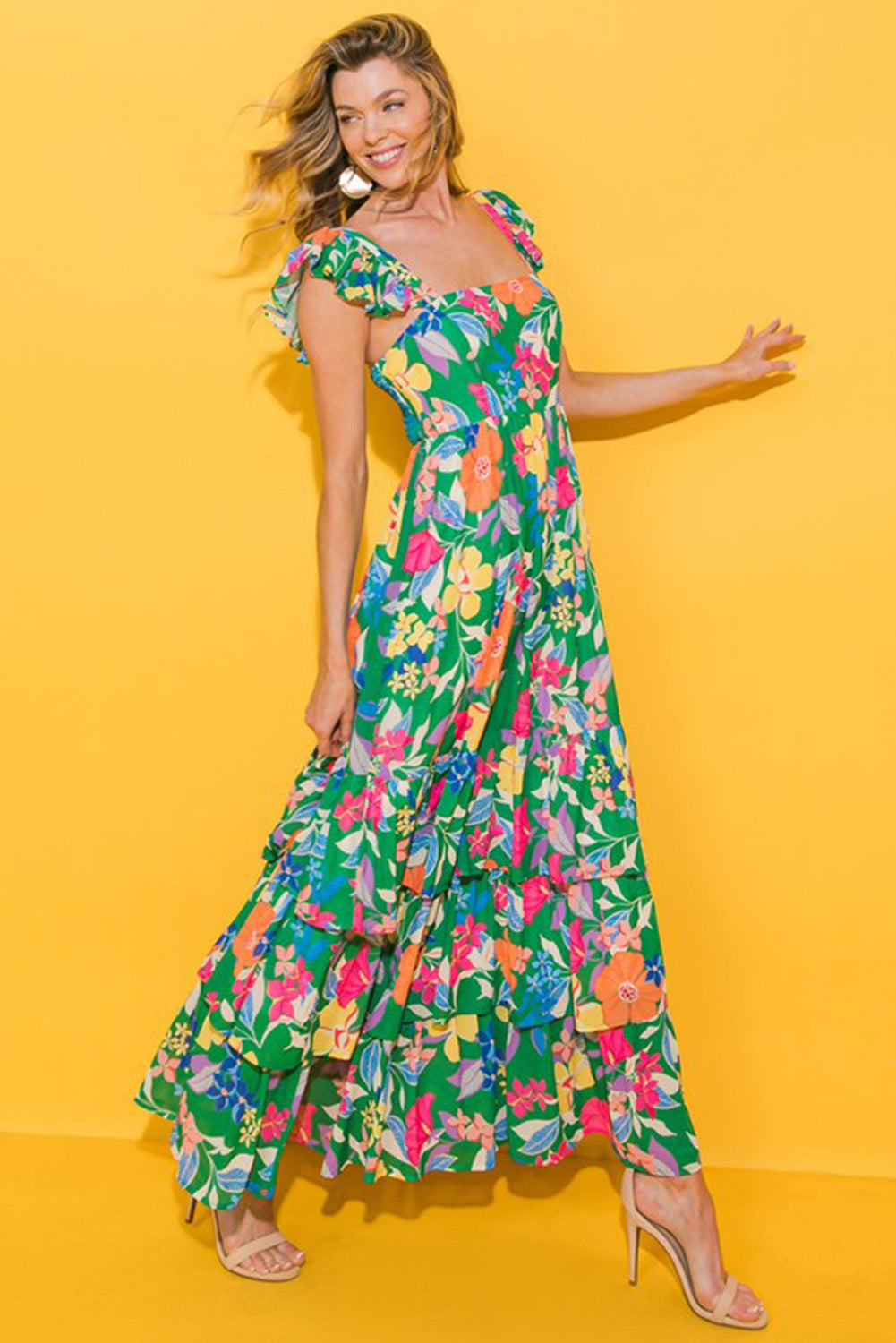 Green Floral Print Sleeveless Ruffle Tiered Maxi Dress