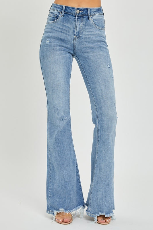 High Waisted Frayed Hem Flare Jeans