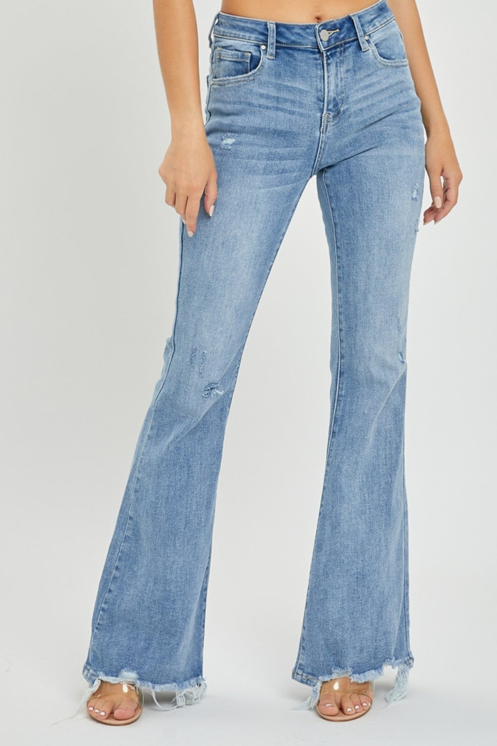 High Waisted Frayed Hem Flare Jeans