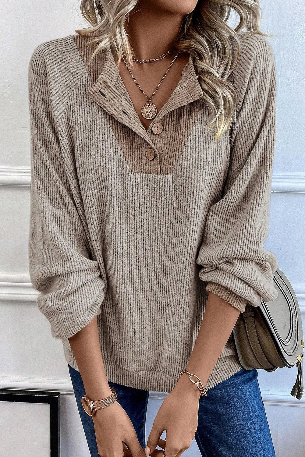 Mocha Quarter Buttoned Long Sleeve Blouse