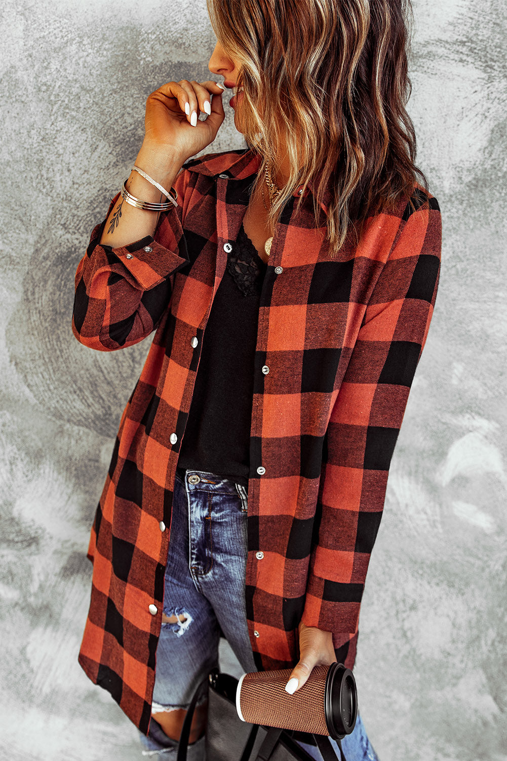 Red and Black Turn-down Collar Plaid Shacket