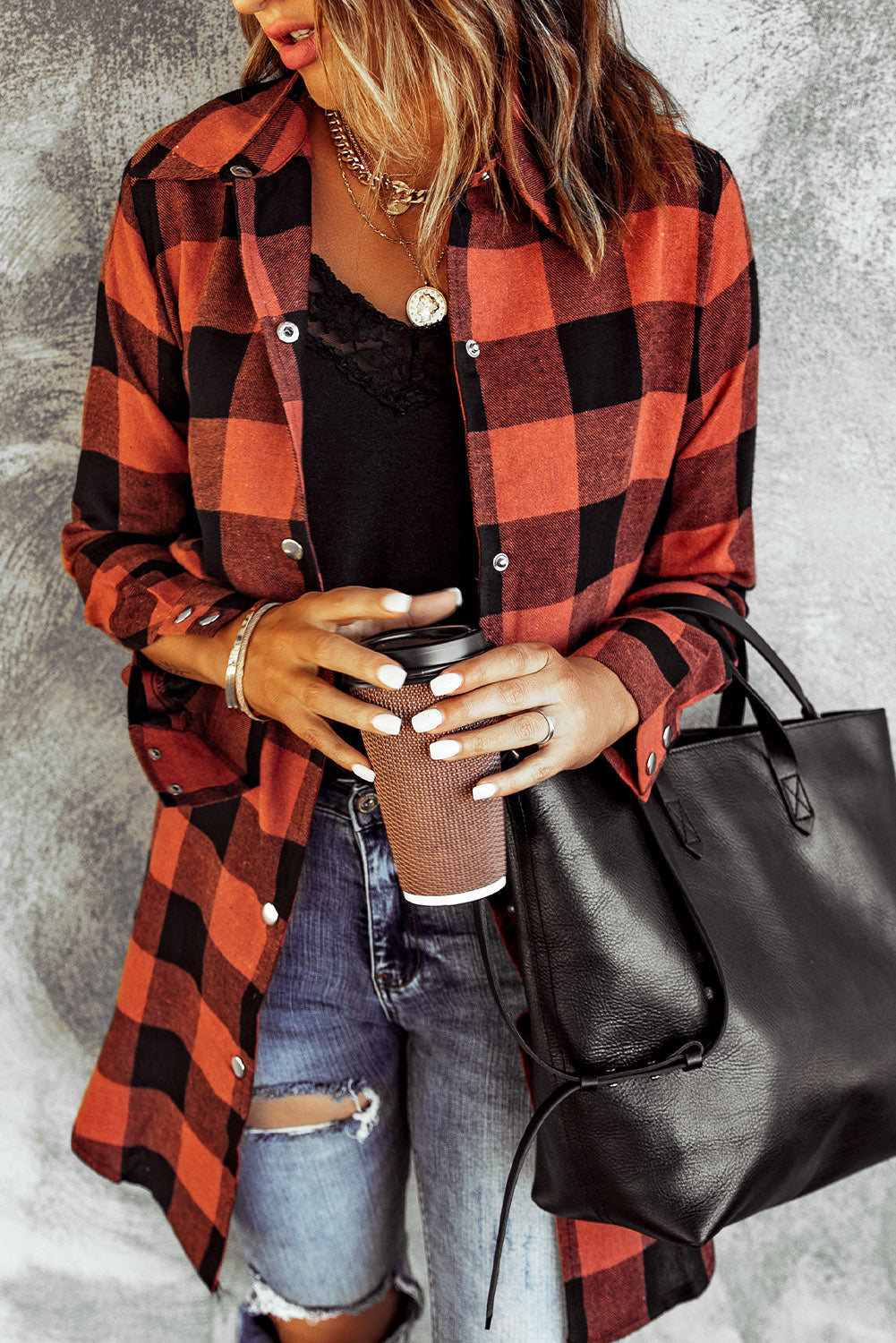 Red and Black Turn-down Collar Plaid Shacket