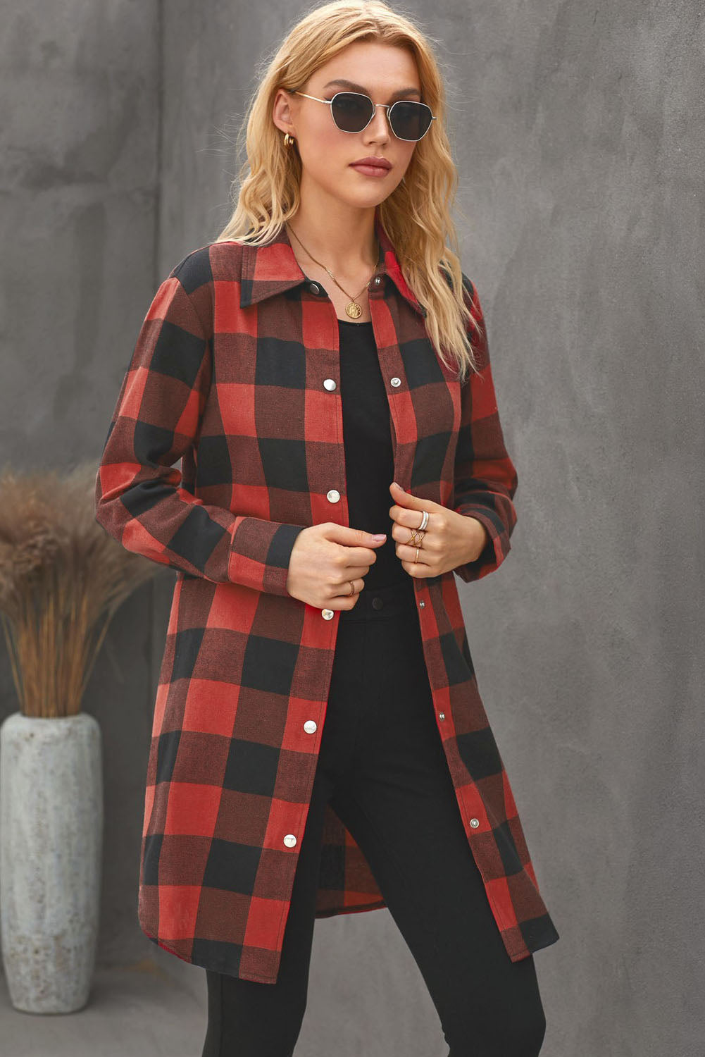 Red and Black Turn-down Collar Plaid Shacket