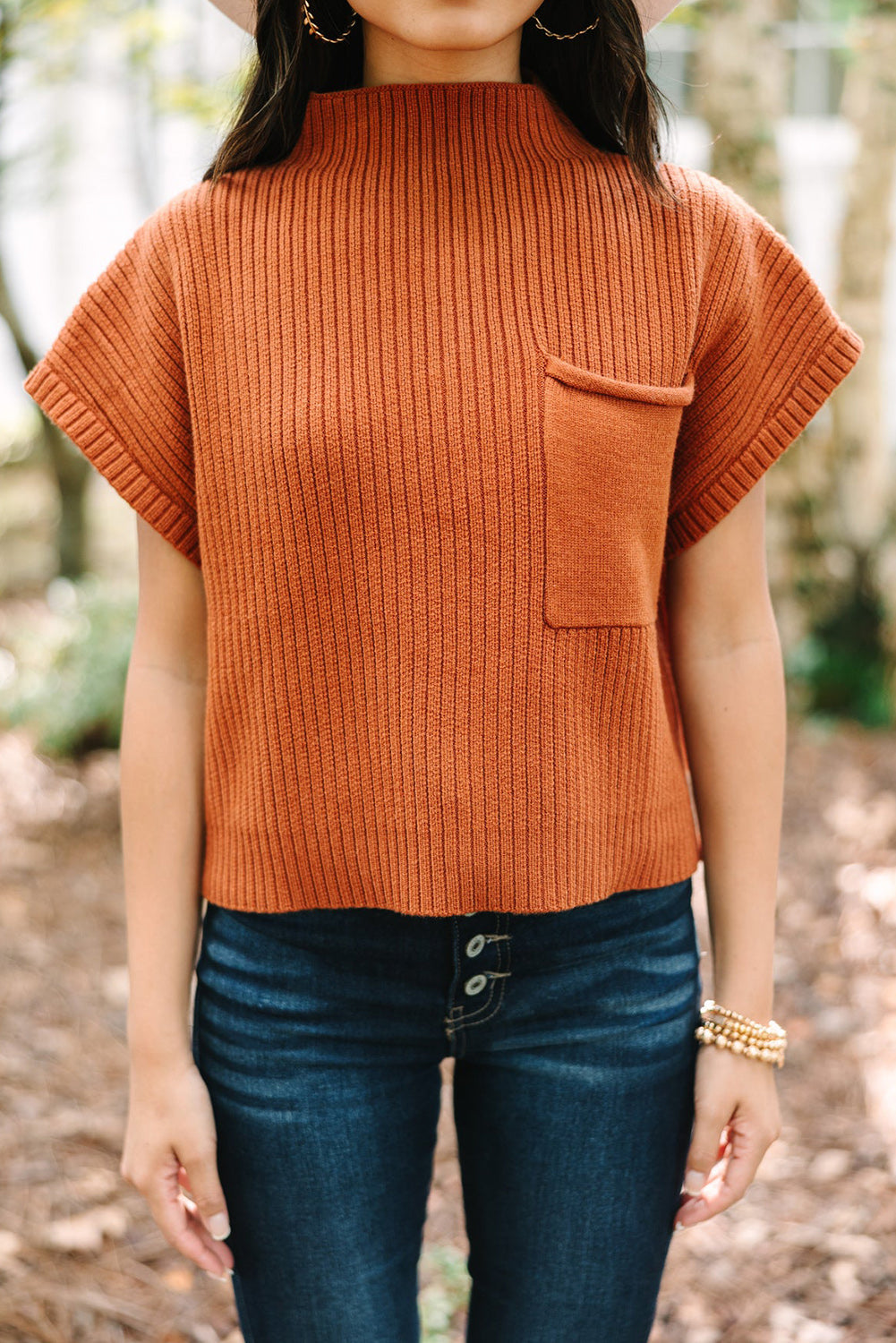 Rust Flame Patch Pocket Ribbed Knit Short Sleeve Turtleneck Sweater