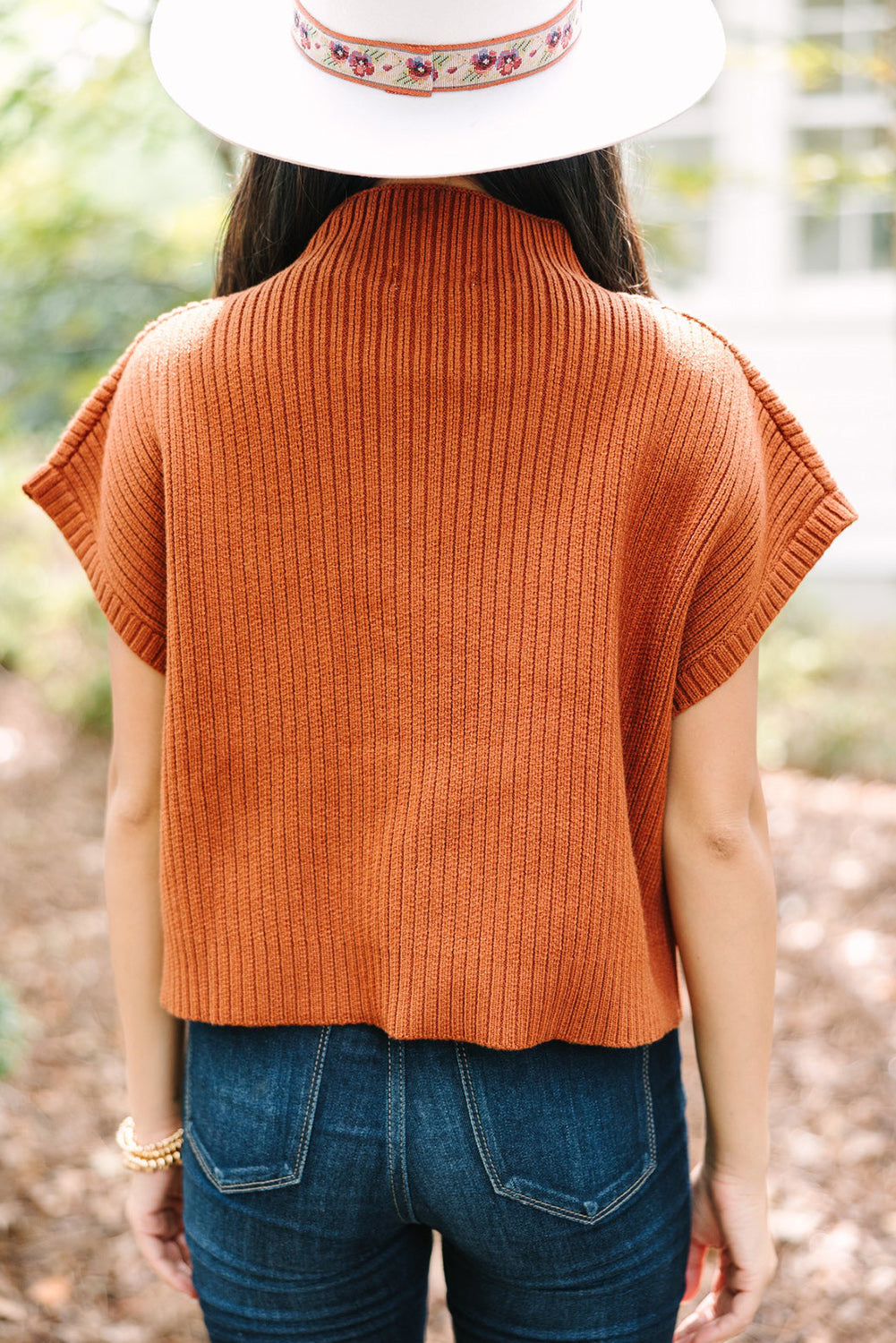 Rust Flame Patch Pocket Ribbed Knit Short Sleeve Turtleneck Sweater