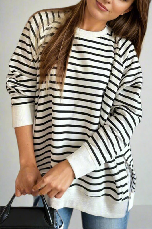 Slit Striped Round Neck Long Sleeve Sweatshirt