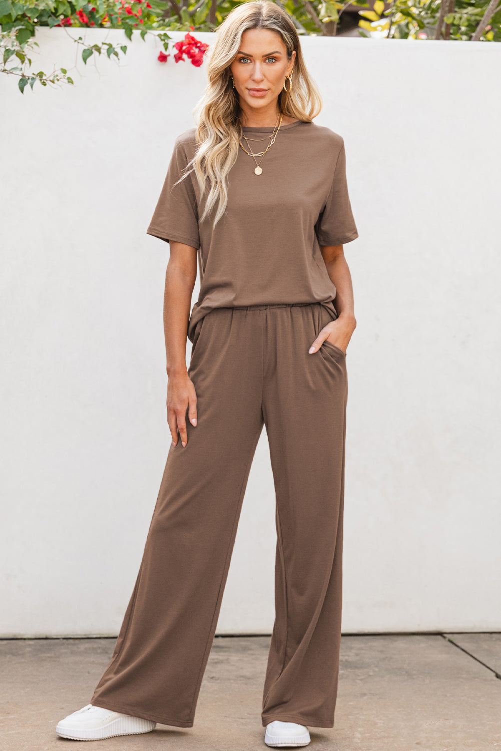 Taupe Solid Color T Shirt 2pcs Wide Leg Pants Set