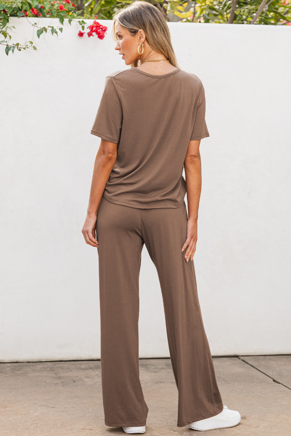 Taupe Solid Color T Shirt 2pcs Wide Leg Pants Set