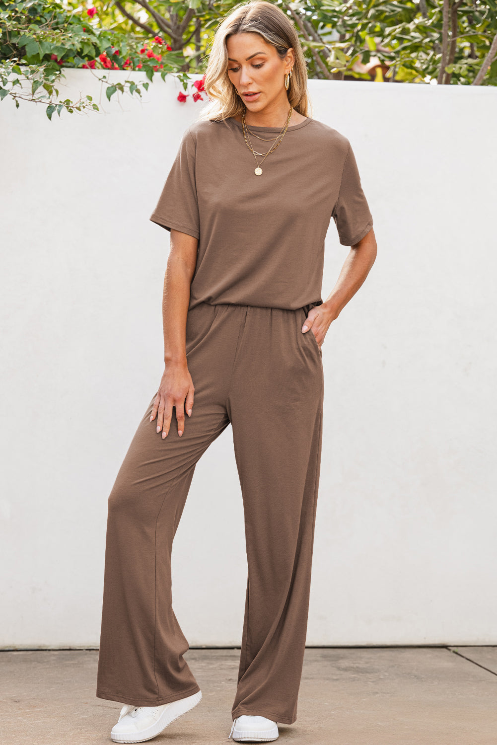 Taupe Solid Color T Shirt 2pcs Wide Leg Pants Set