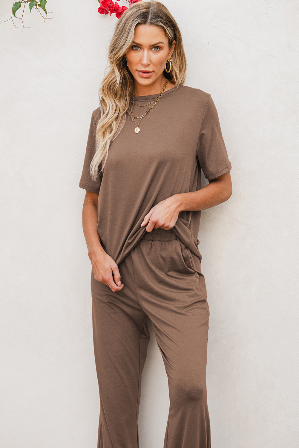 Taupe Solid Color T Shirt 2pcs Wide Leg Pants Set